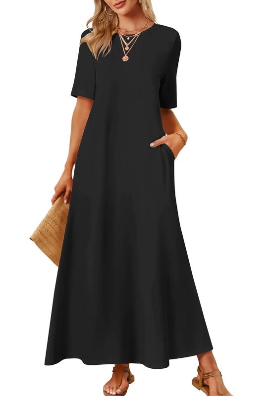 Merokeety Women's 2025 Summer Casual Short Sleeve Maxi Dress Beach Vacation Crewneck Basic Long T Shirt Dresses, Black, XL