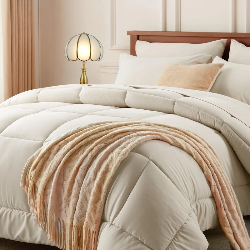 Newspin King Comforter Set Beige - Bed in a Bag King Size 7 Pieces, All Season Bed Set, Fluffy Comforter Set with Sheets, Sheet Set Quilt Blanket, Pillowcases & Shams