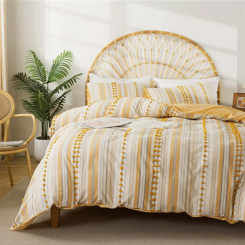 La Sheer Washed Cotton Twin Size Duvet Cover Set - Tufted Dots Boho Chic Bedding for All Seasons, Striped Bohemain Bedding Linen Like Textured Breathable Durable Soft Comfy (Yellow, 66''x90'')