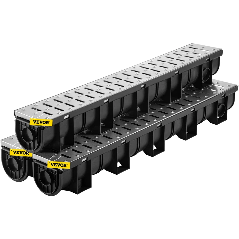 VEVOR Trench Drain System, Channel Drain with Metal Grate, 150x130 mm HDPE Drainage Trench, Black Plastic Garage Floor Drain, 3x39 Trench Drain Grate, with 3 End Caps, for Garden, Driveway-3 Pack