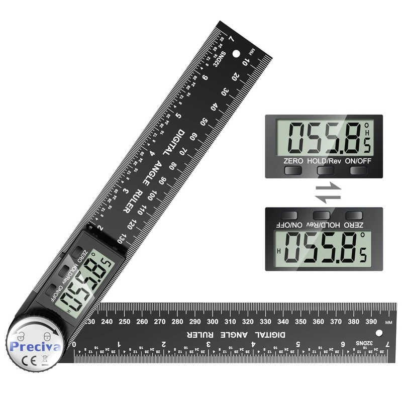 Preciva Digital Angle Finder Tool, 400mm Length Ruler Protractor, Internal & External Angles Measurement Tool, Woodwork Square Detector, Black