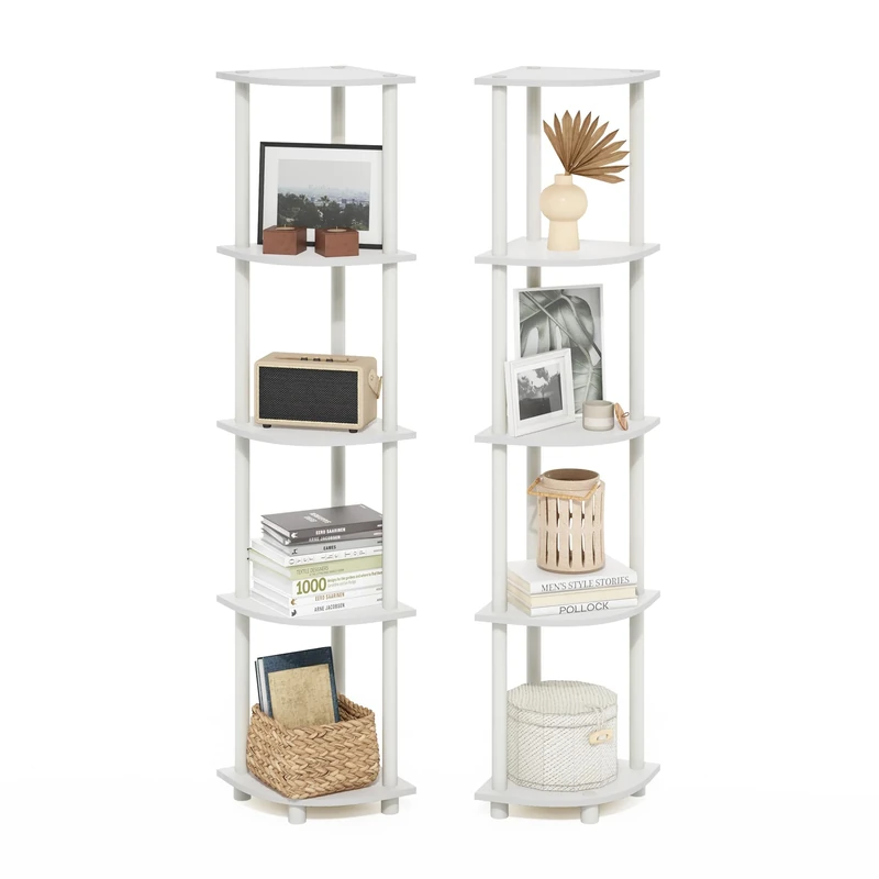 Furinno TURN-N-TUBE Corner Shelf Set of 2, 5-Tier Corner Bookshelf, Open Storage Shelves, for Organization and Storage, Living Room, Home Office, Garage, White