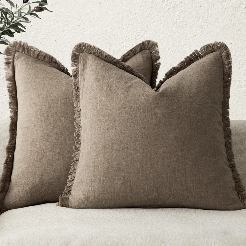 Foindtower Set of 2 Decorative Linen Fringe Throw Pillow Covers Cozy Boho Farmhouse Cushion Cover with Tassels Soft Accent Pillowcase for Couch Sofa Bed Living Room Home Decor, 26×26 Inch, Light Brown - Image 1