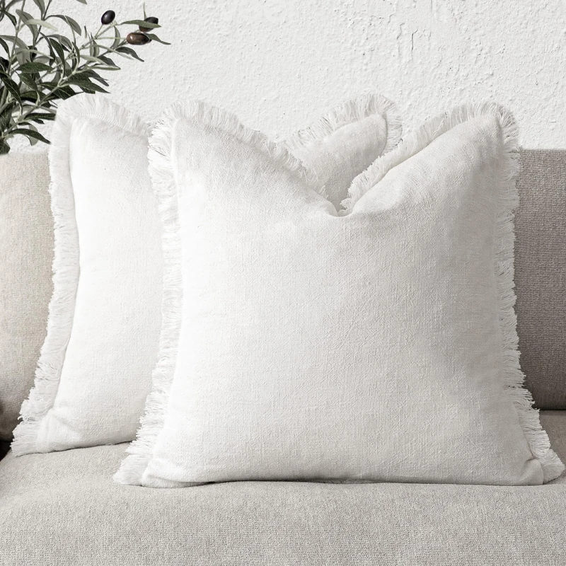Foindtower Set of 2 Decorative Boho Farmhouse Style Linen Fringe Cushion Covers with Tassels for Couch Sofa Bed Living Room Home Decor, 26 x 26 Inch, White