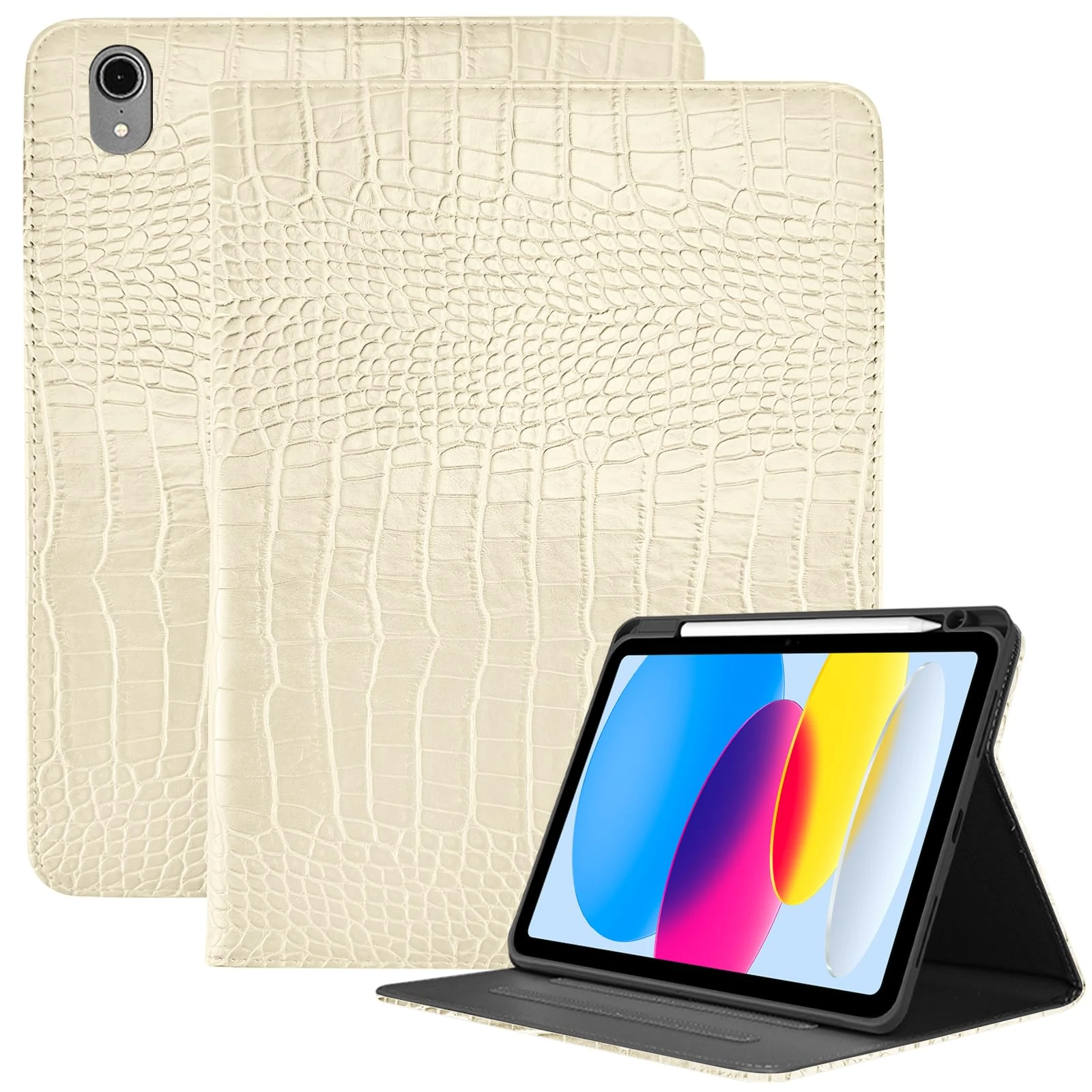 Deokke Premium Leather Compatible with iPad (A16)11th Generation 11 Inch Case 2025,iPad 10th Generation 10.9 Inch Case 2022,Pencil Holder Folio Crocodile Auto Sleep/Wake Cover Women Girls(Creamy)