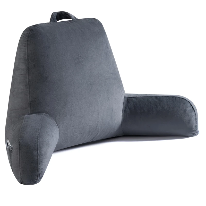 OAISZ Reading Pillow for Sitting in Bed Adult, 19" Reading Pillow with Shredded Memory Foam, Back Pillow for Sitting Up with Extend Arms, Pockets, Bed Pillow with Washable Cover, Grey