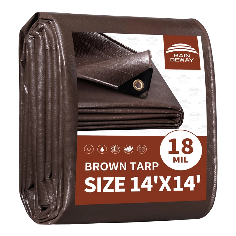 RAINDEWAY Brown Tarp 14x14 Feet,Extra Thick 18mil Tarps Heavy Duty Waterproof with Grommets and Reinforced Edges,UV Resistant,Rip&Tear Resistant,Multipurpose Poly Cover for Outdoor,Camping,Patio,Roof