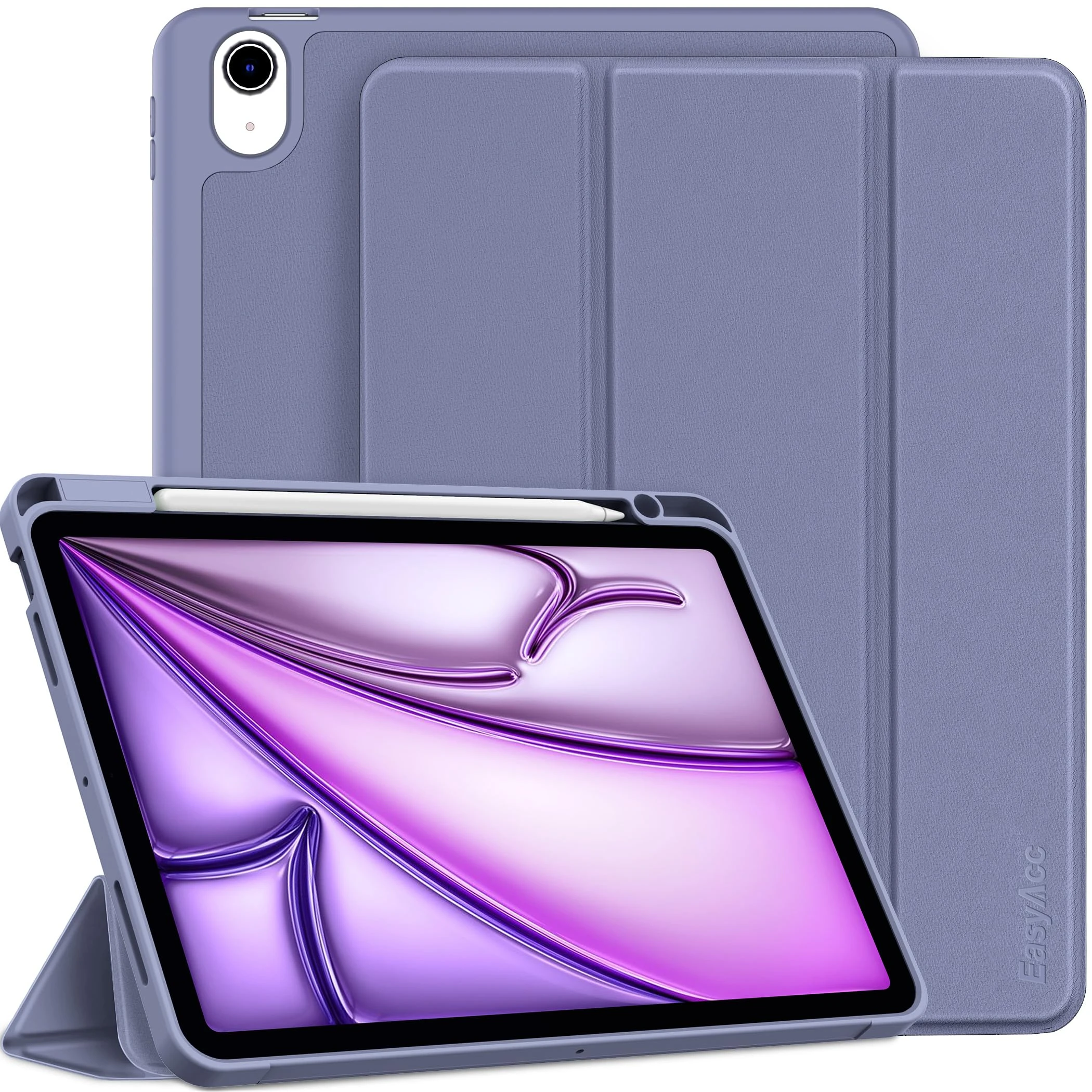 EasyAcc Case Compatible with iPad Air M2 11 inch/iPad Air 6 2024 / iPad Air 5 2022 / Air 4 Case 10.9 Inch with Pencil Holder, Trifold Stand Thin Protective Case with Soft TPU Back, Light Purple