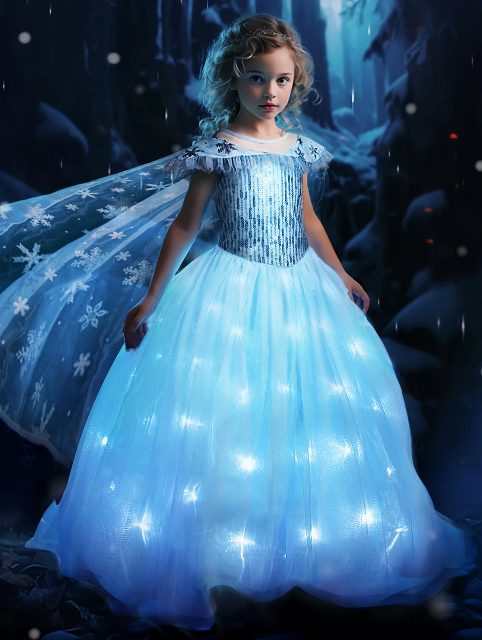 UPORPOR Princess Costume,Light Up Snow Princess Dress Halloween Chrsitmas Dressing Up Clothes for Little Girls with Ice Cape, Freezing Blue