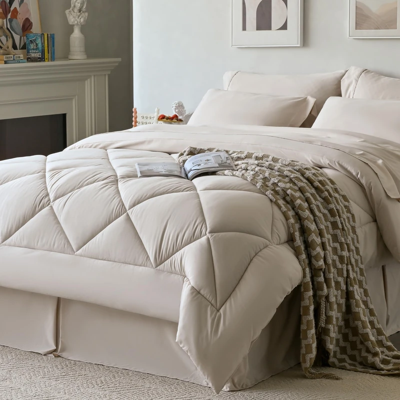Newspin Full Comforter Set 8 Pieces Bed in a Bag Soft Bedding Set Beige
