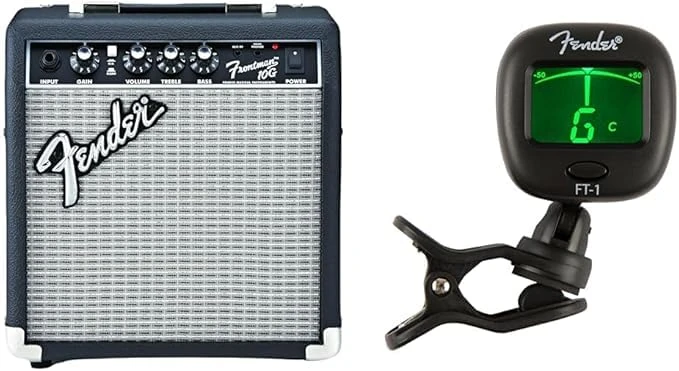 Fender FT-1 Pro Clip-On Tuner Gen 1 & Frontman 10G 10W Combo Amp Bundle – For Electric, Acoustic, Bass Guitars & Ukuleles, Small Practice Amplifier, Black/Silver