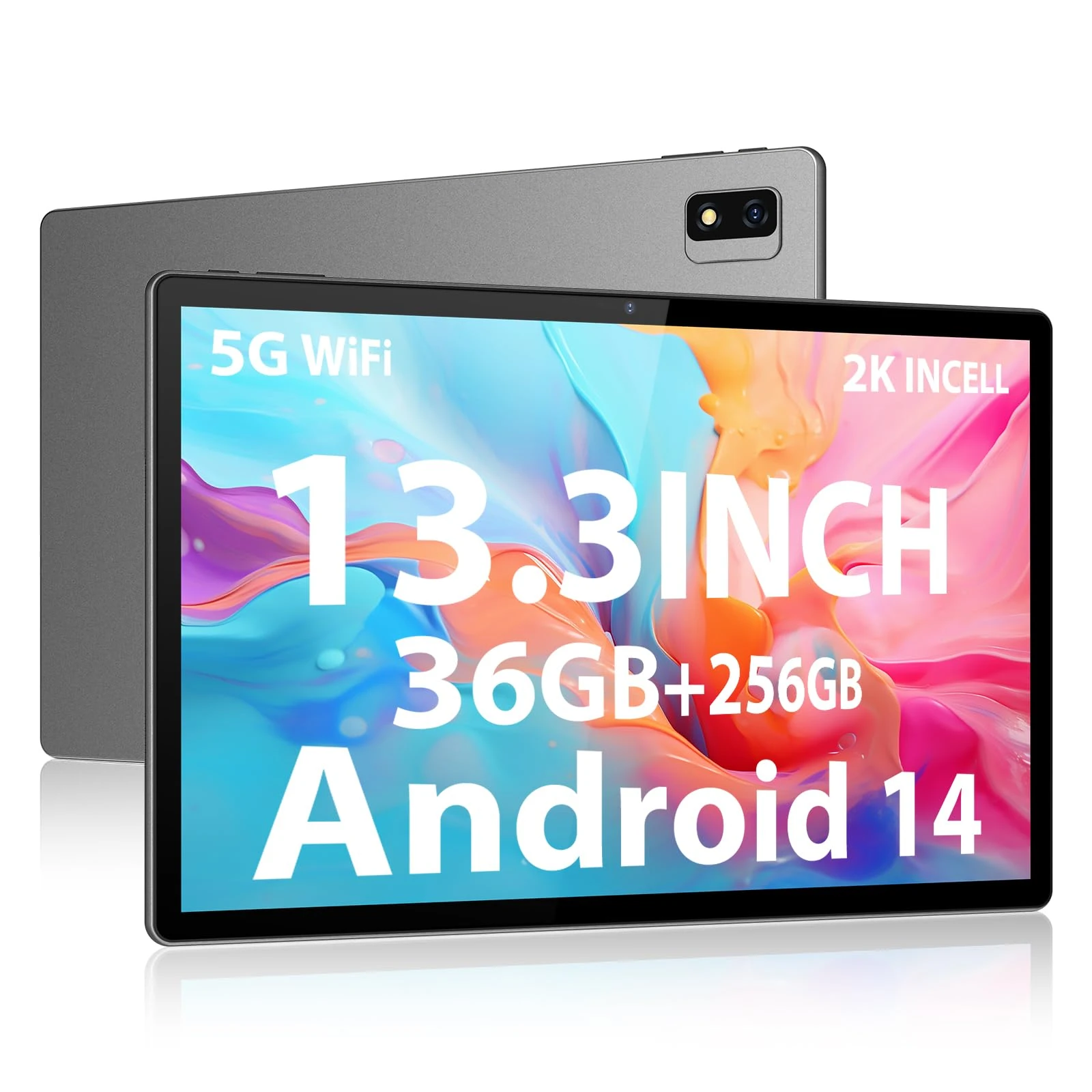 LINROM 2K Tablet 13.3 INCH e 5G WiFi, Android 14.0, INCELL 2000 * 1200, 11580mAh, 36GB RAM, 256GB ROM (2TB Expansion), Octa-Core 2.0GHz, 13MP+8MP, Tablet with Case/GPS/Bluet 5.0, Grey