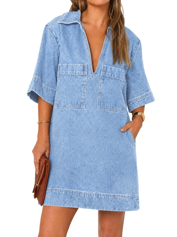 Fisoew Womens Denim Shirt Dress Summer Collared V Neck Mini Casual Jean Dresses with Pockets, Light Blue（Sky Blue）, XL