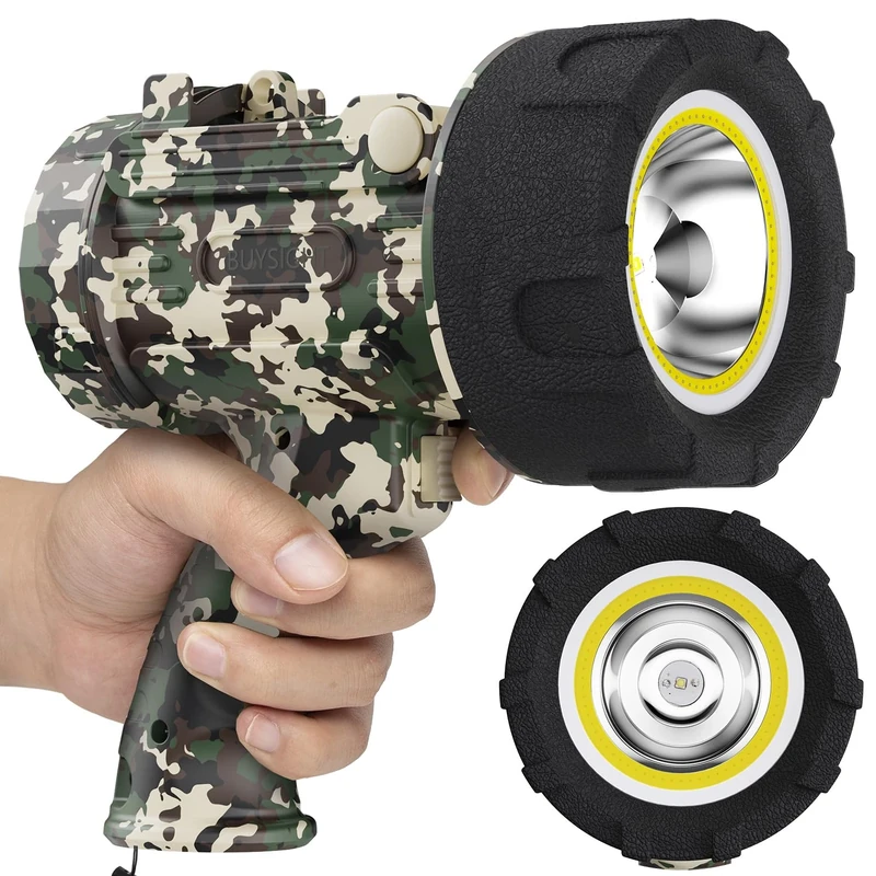 BUYSIGHT Rechargeable Spotlight Flashligh, 1000000 Lumen Hand held Spotlight Waterproof Flashlight Hunting floodlight with red Lens(Camouflage Green-COB)