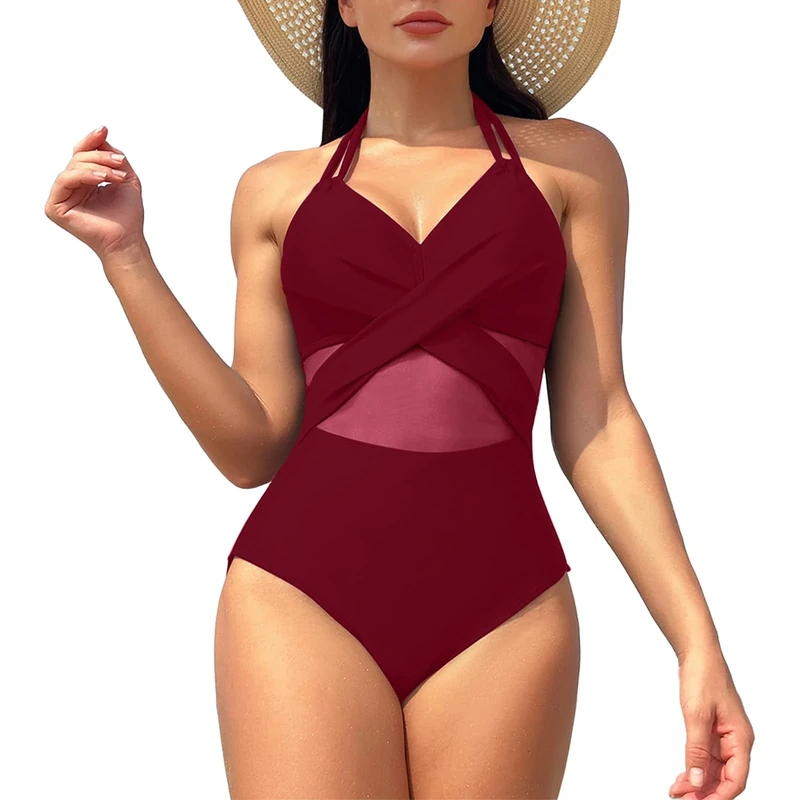 meioro Women Sexy Mesh Swimsuit V Neck Criss Cross Swimming Costume, Tummy Control High Waisted Swimwear Slimming Vintage Women's One Piece Bathing Suits, Retro Halter Neck Beach Tankini (Wine Red,M)