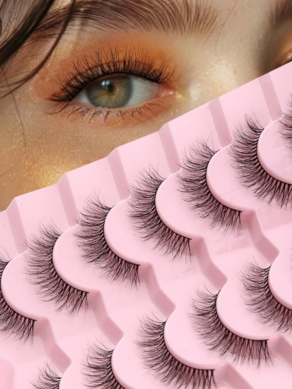 Natural Eyelashes, 12 mm, Fake Lashes, Wispy False Eyelashes, Soft Eyelashes, Natural Look, 3D Volume Eyelash Extensions with Thin Band, C Curl, Siligli Daily Lash Pack, 7 Pairs