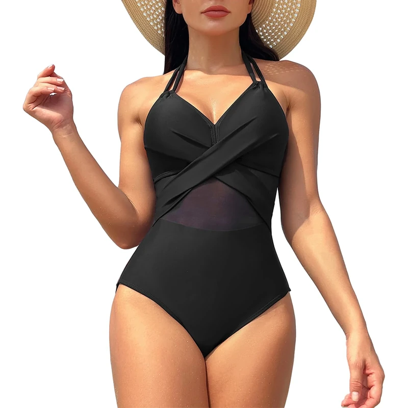 meioro Women Sexy Mesh Swimsuit V Neck Criss Cross Swimming Costume, Tummy Control High Waisted Swimwear Slimming Vintage Women's One Piece Bathing Suits, Retro Halter Neck Beach Tankini (Black,M)