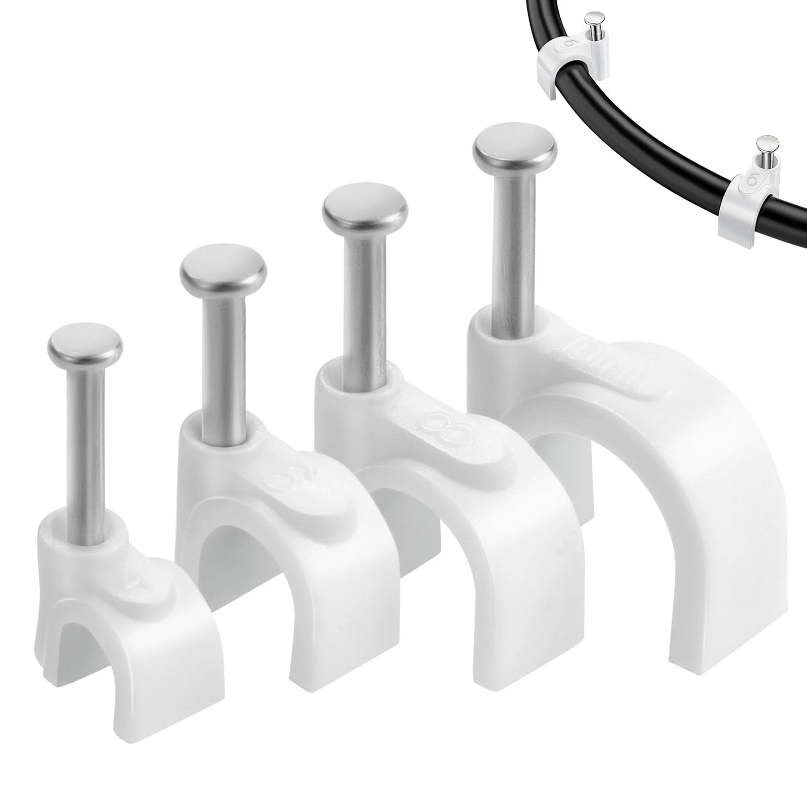 Roxanex 400PCS 4 Sizes Cable Clips White Cable Nail Clips, Strong Electrical Cable Wall Clips Wire Tidy Clips 4mm 6mm 8mm 10mm for Ethernet Cable Telephone Line TV USB Cable