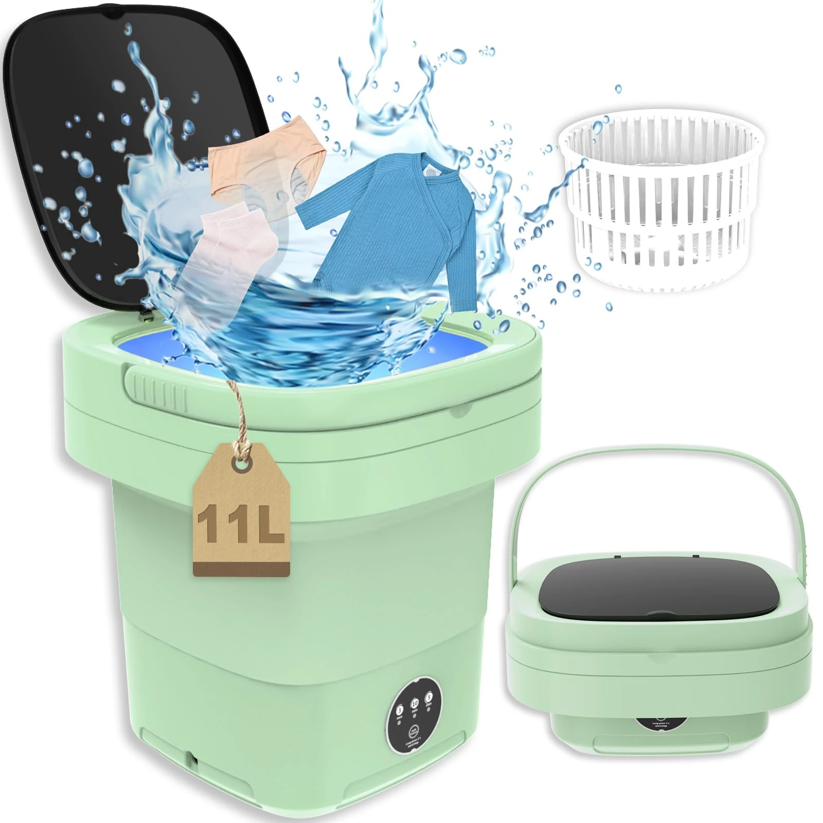 Portable Washing Machine, 11L 1.8KG 2 in 1 Mini Portable Washer Machine, Foldable Small Smart Laundry Machine with 3 Cleaning Modes for Baby Clothes, Underwear, Camping, RV, Travel Green