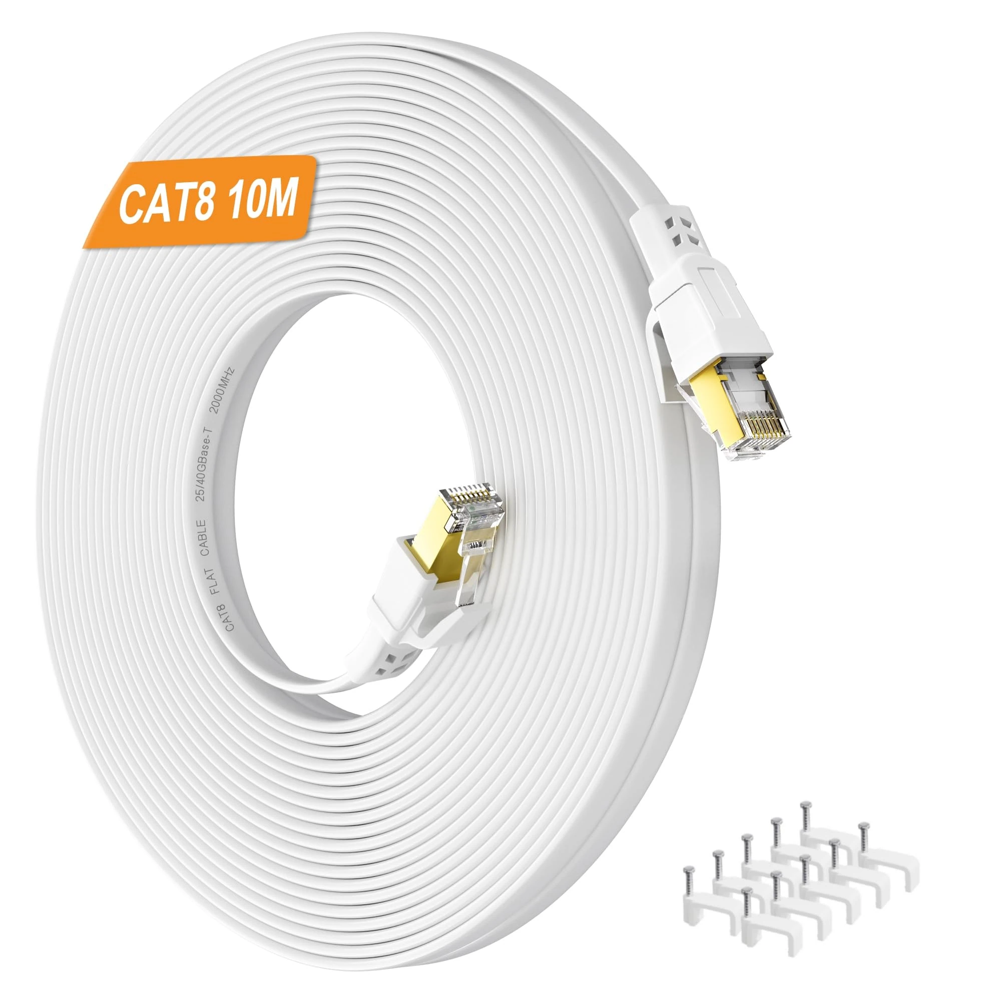 Cat 8 Ethernet Cable 10M, High Speed White Internet Cable 40Gbps 2000MHz Gigabit STP Shielded, Flat Outdoor Indoor Lan Cable 10m Cat8 RJ45 Network Patch Cord for PS4/5, Xbox, Modem, Router, Switch