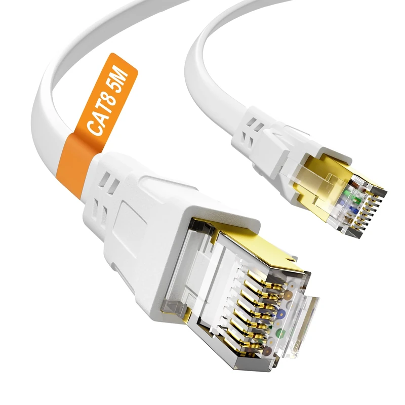 Cat 8 Ethernet Cable 5M, High Speed White Internet Cable 40Gbps 2000MHz STP Shielded Flat Cat8 Lan Cable with Gold Plated RJ45 Connector, Network Patch Cord for Modem, Switch, Router, Xbox, PS4/5