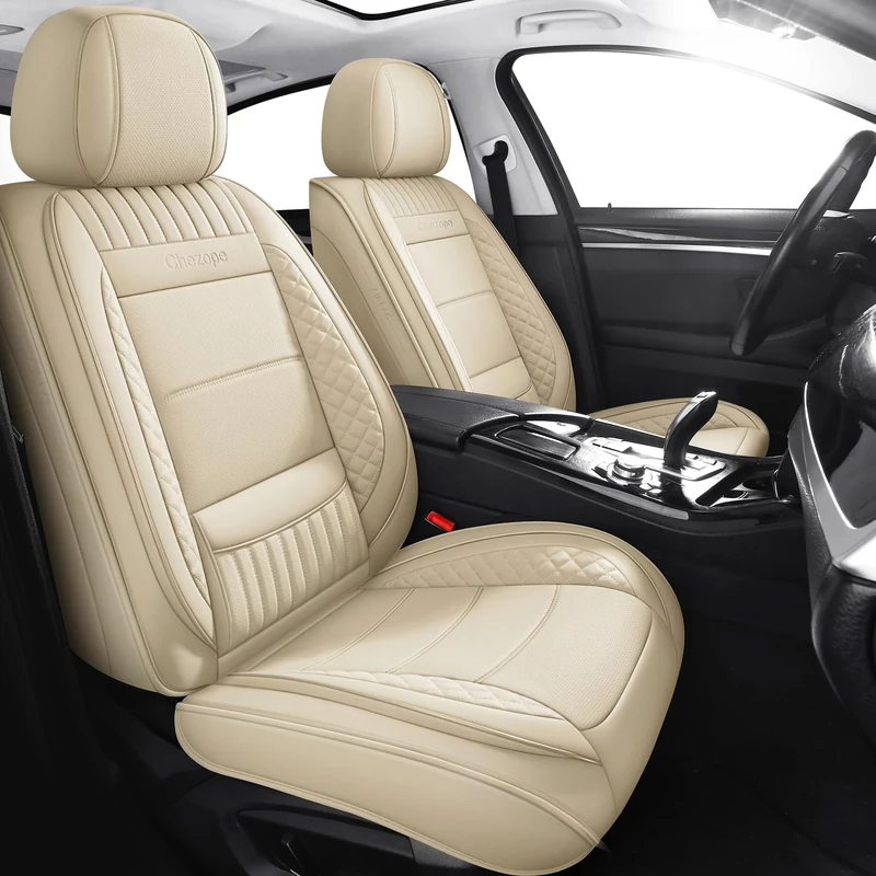 Chezope Car Seat Covers Full Set Car Seat Protective Covers Black Leather Waterproof Car Safety Seat Universal Fit for Most Cars Beige