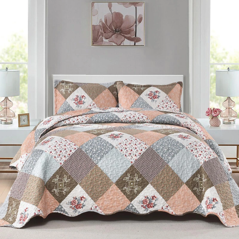 Dinjoy Floral Plaid Patchwork Quilt Set Full Size, Reversible Brown Bedding Set Soft Microfiber Lightweight Bedspread Coverlet 3 Piece Summer Fall Autumn Use (78x90 inches)
