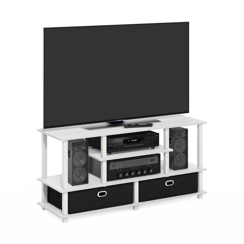 Furinno JAYA TV Stand, 4-Tier Entertainment Center, TV Console for TV up to 55 Inch with 2 Storage Bins and Open Shelves, for Living Room, Bedroom, White