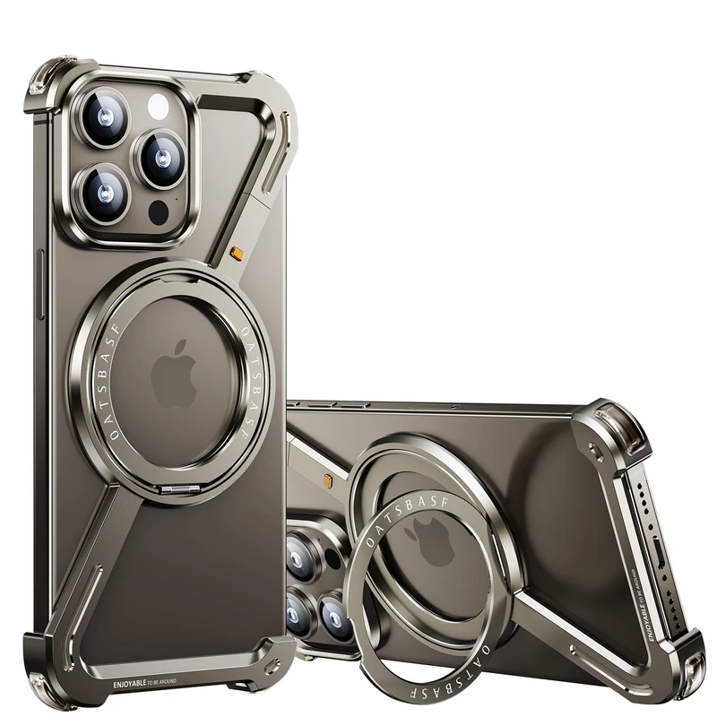 OATSBASF Minimalist Phone Case Compatible with iPhone 15 Pro 6.1", 360° Rotation Kickstand Aluminum Metal Frameless Design Bumper Z Case, Protective Shock Grade Shell, Natural Titanium