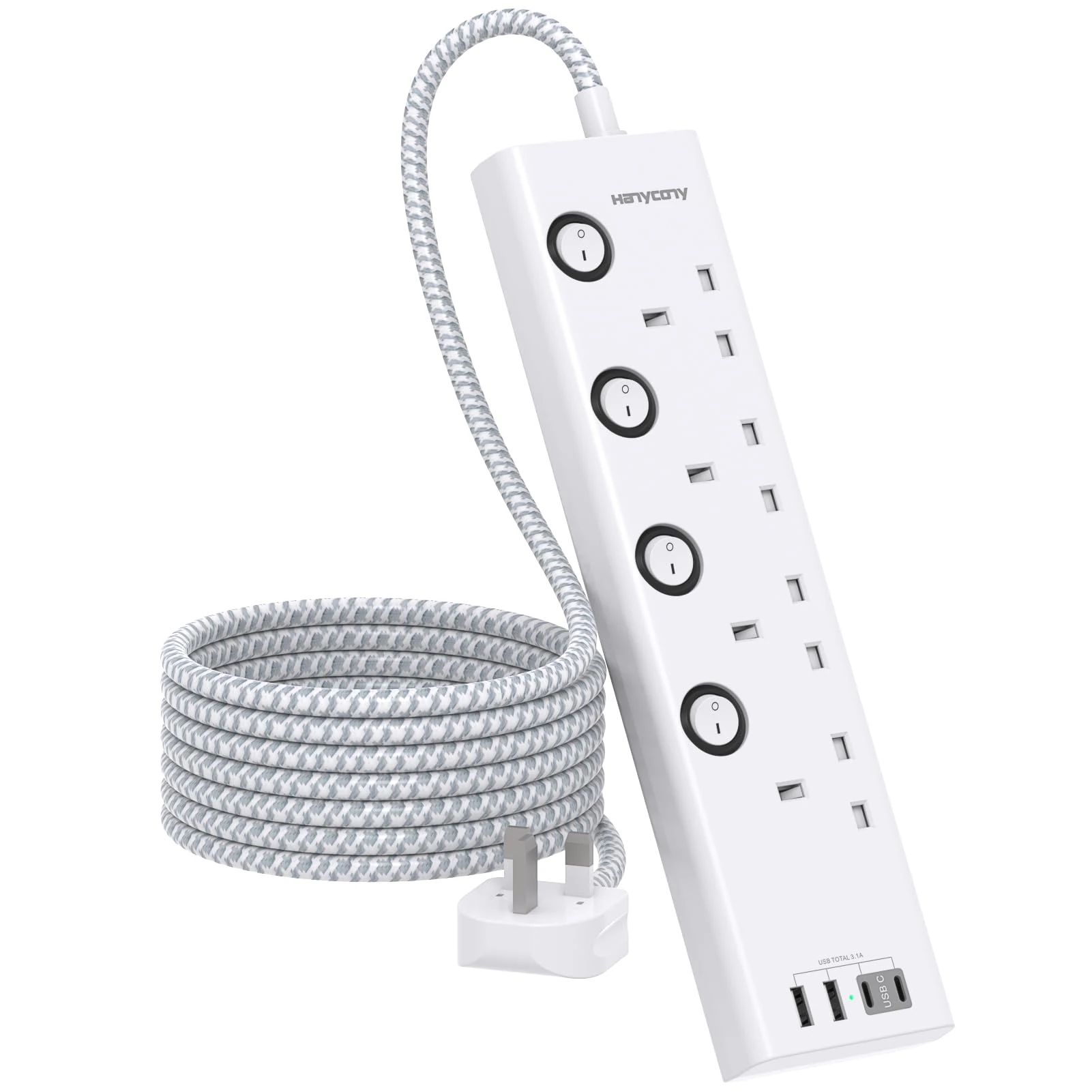 Extension Lead with USB Slots(2 USB C), HANYCONY 4 Way Plug Extension Socket with Individual Switches, 1.8M Extension Cable, Wall Mount Extension Cord, Desk Power Strip for Bedroom Office Accessories