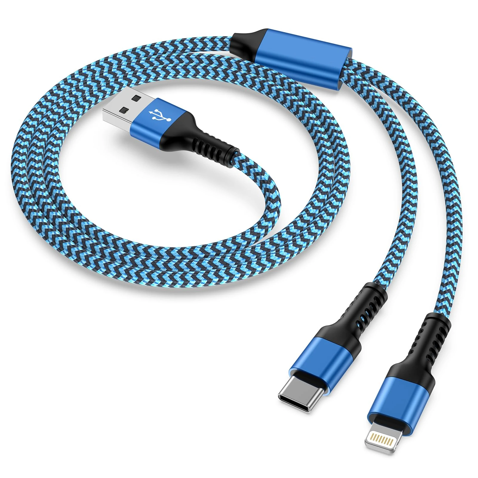 2 in 1 Multi Charger Cable with Type C & Lightning Port, [4ft] Nylon Braided Long USB Multi Phone Charger for iPhone 16 15 14 13 12 11 8 7 6, Android Samsung Galaxy, Huawei, Google,Sony