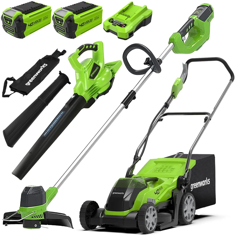Greenworks 40V Cordless Lawn Mower 35cm with 2x 2Ah Batteries and Charger G40LM35K2X, Bonus 40V Cordless Strimmer G40LT & Leaf Blow Vac GD40BV