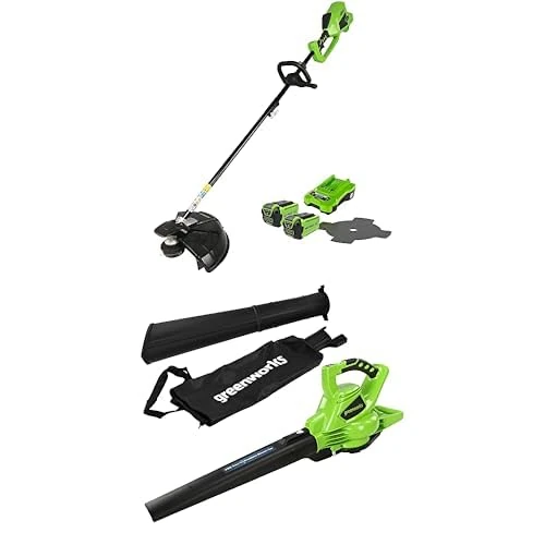 Greenworks 40V Cordless Brushcutter with Brushless Motor, Adjustable Height, 40cm Cutting Width, Bump Feed 2mm Nylon Line, 25cm Blade, 2x 40V Batteries + Greenworks GD40BV Cordless Leaf Blow Vac with