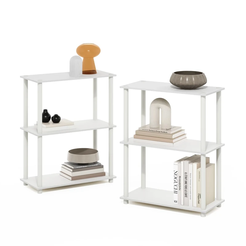 Furinno TURN-N-TUBE Storage Shelves Set of 2, 3-Tier Book Shelf, Corner Shelf, Toolless Open Shelves, for Organization and Storage, Living Room, Garage, Home Office, White