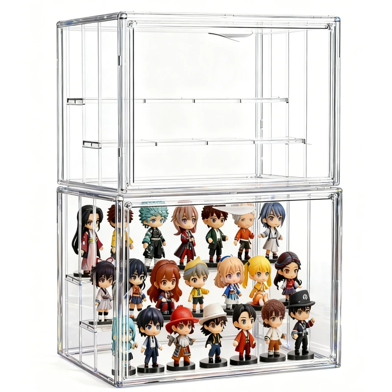 Attelite Clear Acrylic 3-Tier Display Boxes, 2 Movable Plates, Stackable, Dustproof Protection for Action Figures, Storage Box, Countertop