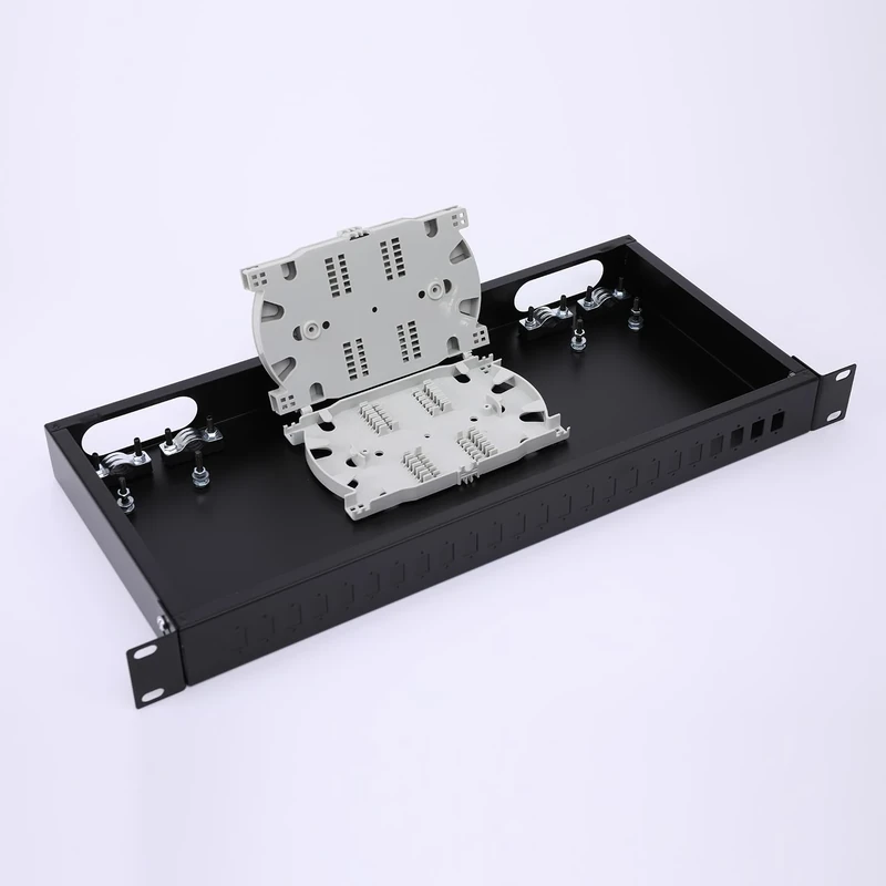 1U 19" Rack Mount Fiber Optic Box Enclosure with LGX Loaded Patch Panel - Fits Rack Cabinets, Includes 2 Splice Trays, Supports Up to 48 Fibers