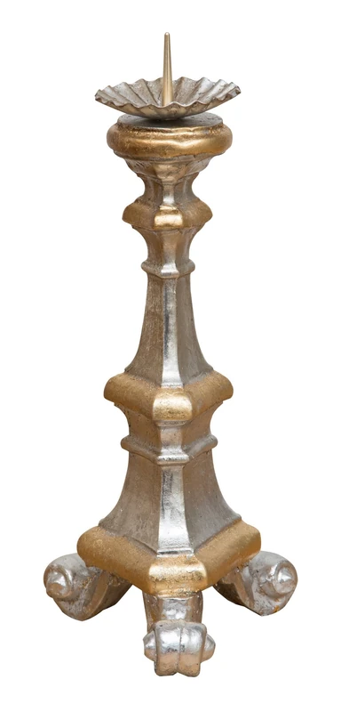 Biscottini Wooden Candlestick L13.5XPR13.5XH29.5 cm - Wooden Candle Holder - Silver Candelabra Made in Italy - Shabby Candelabra - Table Candle Holder