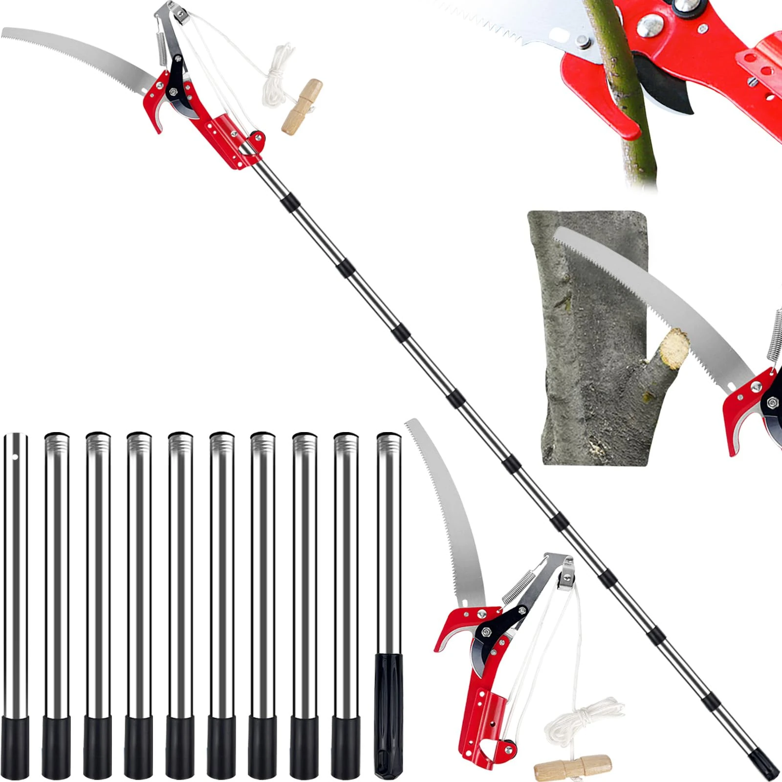 Tree Loppers Long Reach Telescopic, 82-402cm Long Reach Pruner with Extendable Handle & 33cm Saw, Lightweight Telescopic Tree Pruner Branch Cutters, Pulley Pole Pruner Hand Garden Loppers