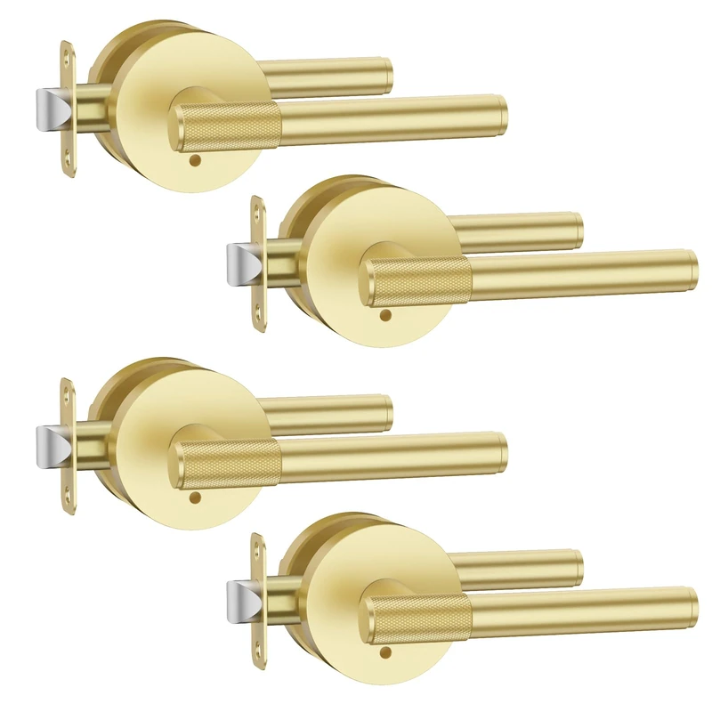Asidrama 4 Pack Privacy Gold Door Handles, Door Lever with Door Knobs Indoor for Bedroom or Bathroom, Heavy Duty Brushed Gold Door Handles Interior with Locks for Left Right Sided Doors