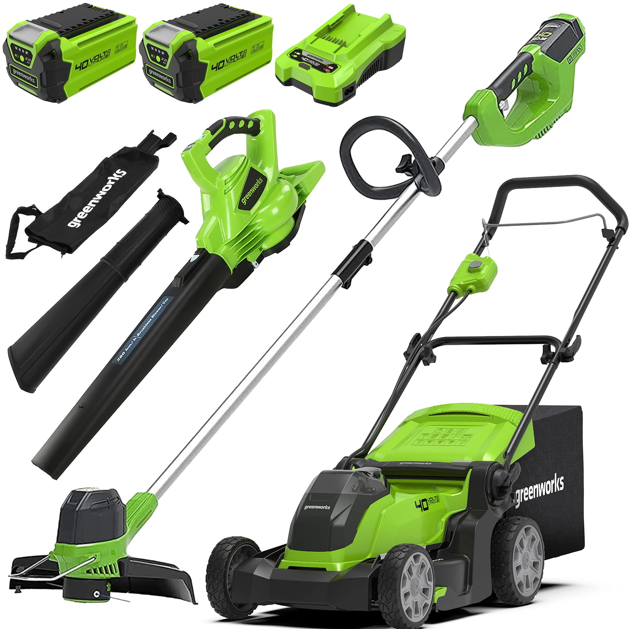 Greenworks G40LM41K2X 40V Cordless Lawn Mower 41cm, 2x 2Ah Batteries, Charger, Strimmer, and Leaf Blower