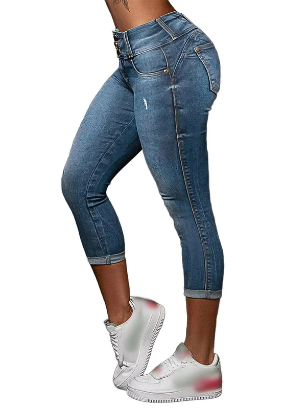 Flamingals Capri Jeans for Women Ripped Stretch Butt Lifting Button Up Mid Rise Skinny Capris Denim Pants, Mid Blue, XL - Image 1