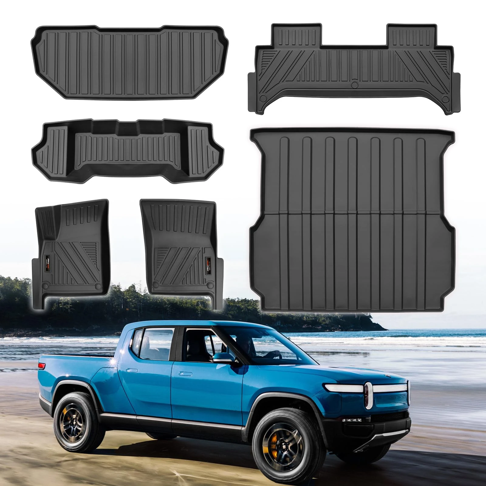 Jdeymat for 2022-2024 Rivian R1T Floor Mats Bed Mats Cargo Liner and Front Trunk Mat Upper & Lower Layer Set TPE Rubber Mats All Weather Protection (for Rivian R1T Full Set 6 Pcs)