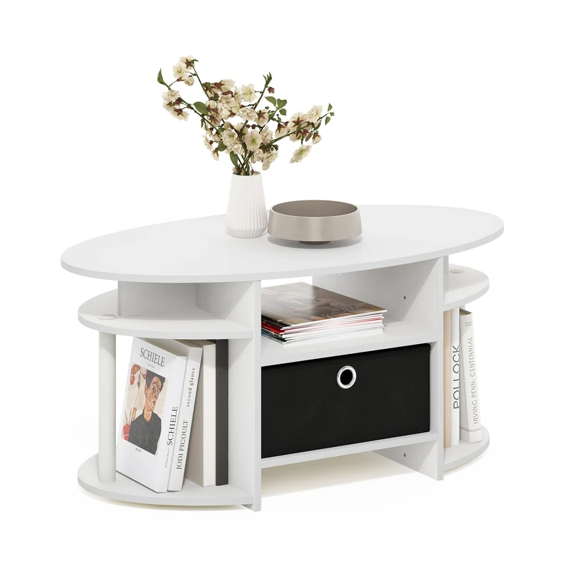 Furinno JAYA Coffee Table, Oval Modern Coffee Table with Shelves and Storage Bin, Side Table, for Living Room, Bedroom, Home Office, White