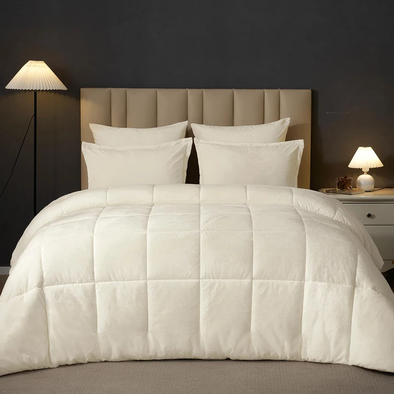 PHF Velvet Comforter Set Queen Size, 5 Piece Soft Luxury Silk Bedding Comforter Sets, Winter Warm Fluffy Bed in A Bag Including 1 Cozy Comforter, 2 Pillow Shams, 2 Euro Shams for Home Decor, Cream