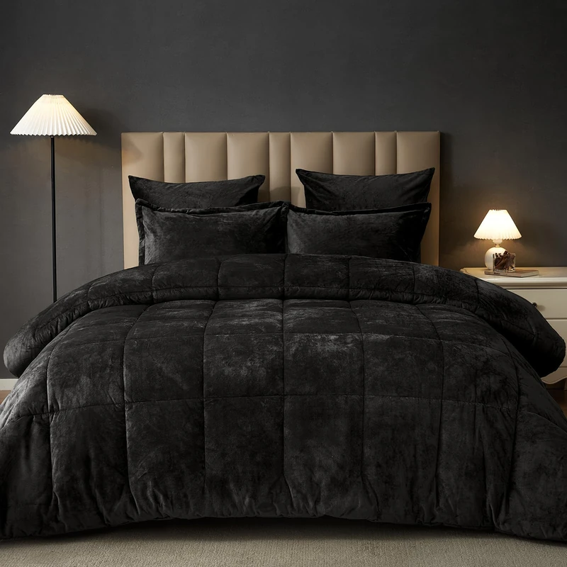 PHF Velvet Comforter Set King Size, 5 Piece Soft Luxury Silk Bedding Comforter Sets, Winter Warm Fluffy Bed in A Bag Including 1 Cozy Comforter, 2 Pillow Shams, 2 Euro Shams for Home Decor, Black