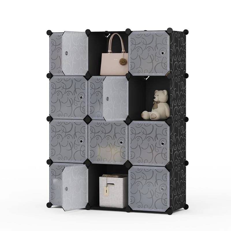 Mondeer 12 Cube Storage Units, 30x30cm Cube Closet with Door, DIY Portable Stackable Wardrobe for Shoes Toys Books, Bedroom Office Hallway Living Room, Black and White