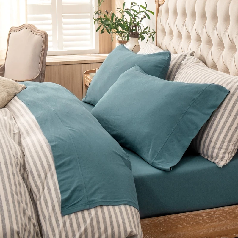 PURE ERA ASIN Jersey Knit Sheet Set Solid Cerulean Blue California King