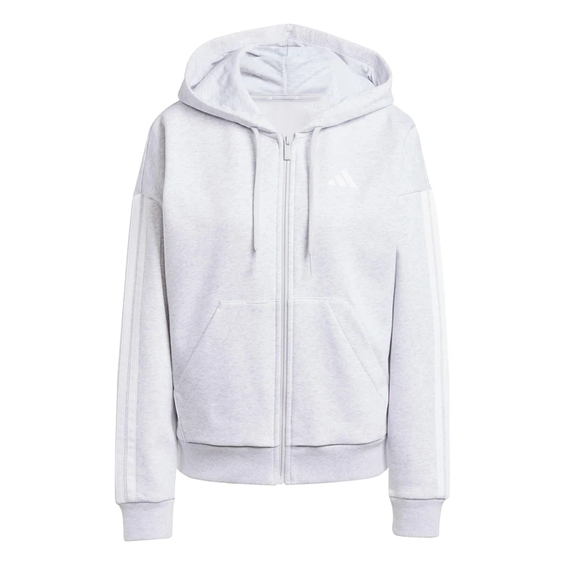 adidas Women's ESSENTIALS 3-STRIPES FULL-ZIP FLEECE HOODIE, light grey heather/white, S