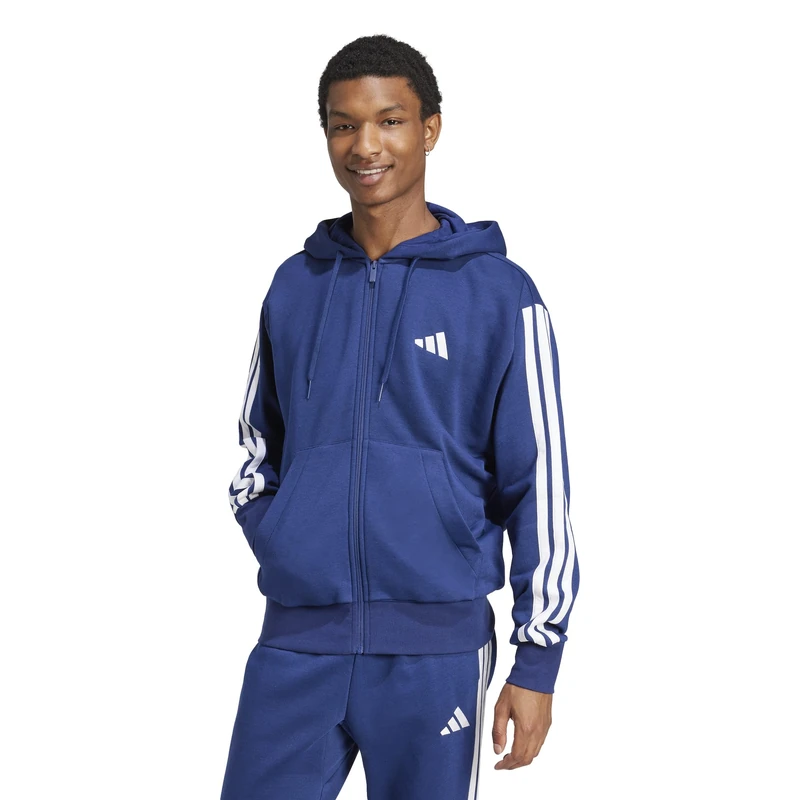 adidas Men's Essential Three Stripes Fleece Zipper Hoodie Sweatshirt, dark blue/white, XL