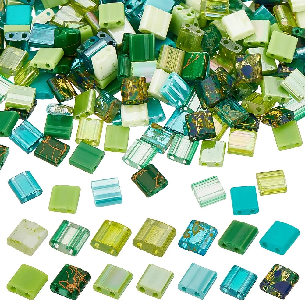 PH PandaHall 280pcs 14 Colors 2 Hole Green Tila Drawbench Flat Square Glass Loose Spacer Beads for Multi-Strand Bracelet Necklace Jewellery DIY Craft Making, 5x4.5~5.5mm